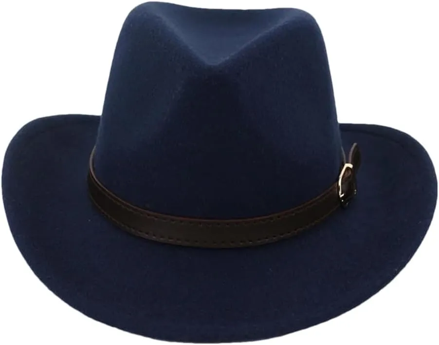 Women Men Western Cowboy Hat Wool Felt Wide Brim Fedora Hats with Belt Buckle Party Trilby Hat