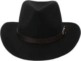 Women Men Western Cowboy Hat Wool Felt Wide Brim Fedora Hats with Belt Buckle Party Trilby Hat