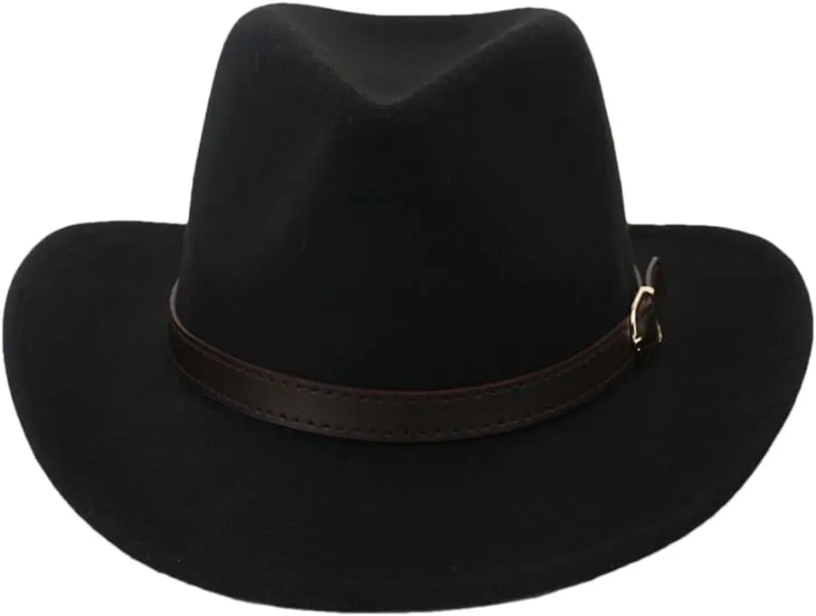 Women Men Western Cowboy Hat Wool Felt Wide Brim Fedora Hats with Belt Buckle Party Trilby Hat
