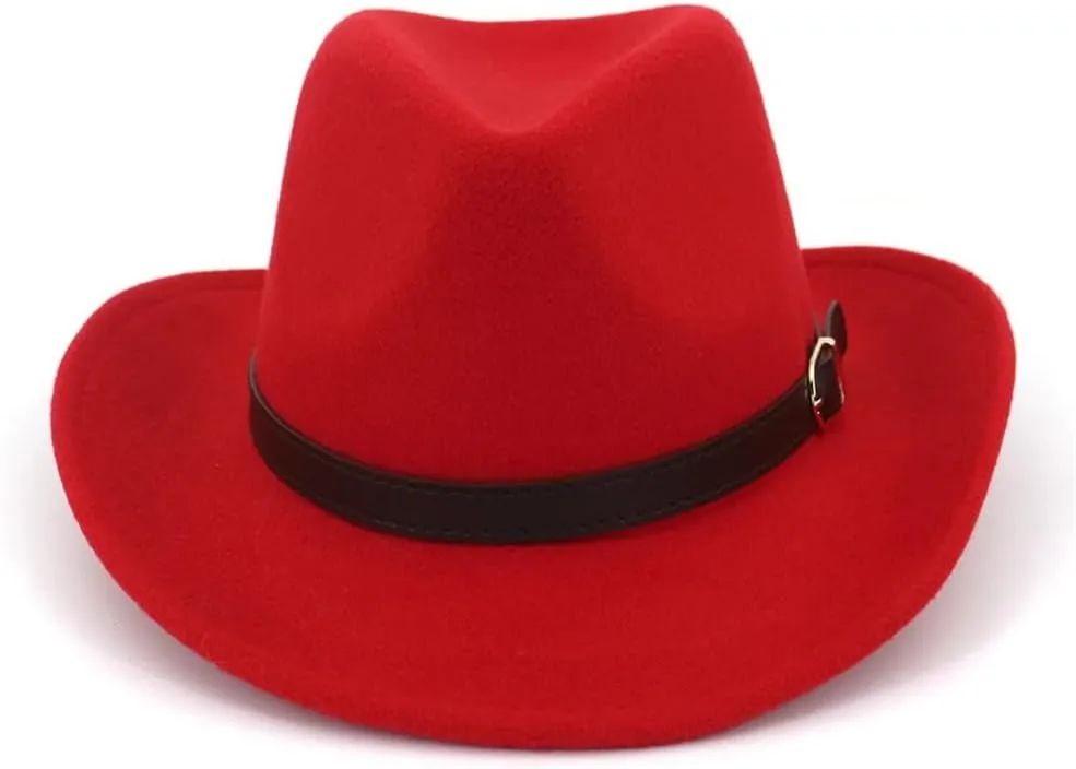 Women Men Western Cowboy Hat Wool Felt Wide Brim Fedora Hats with Belt Buckle Party Trilby Hat