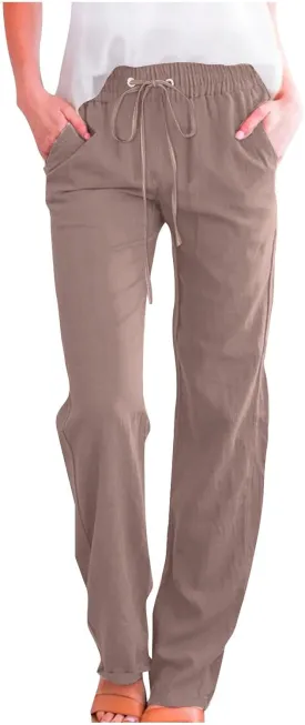 Womens Casual Cotton Linen Pants Lightweight Elastic Waist Pant Summer Fall Lounge Plain Drawstring Trousers, Large