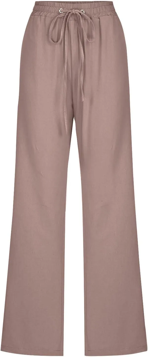 Womens Casual Cotton Linen Pants Lightweight Elastic Waist Pant Summer Fall Lounge Plain Drawstring Trousers, Large