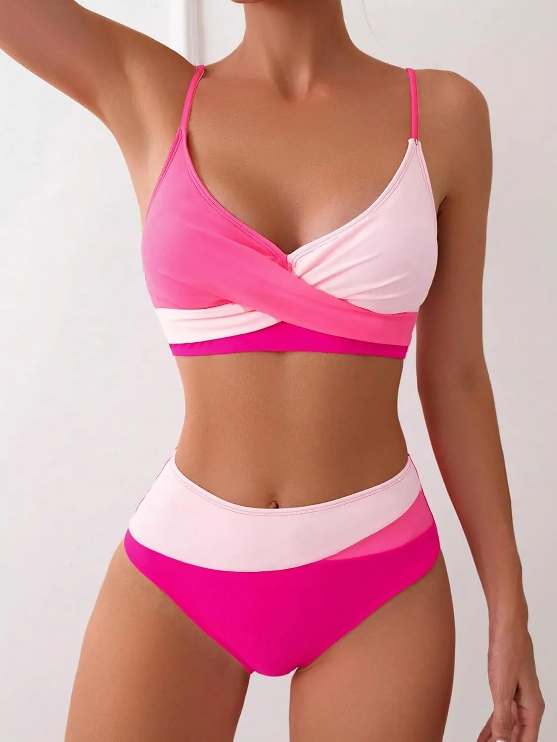 YELAIVP High Waisted Bikini Sets for Women V Neck Bathing Suit for Women Tummy Control Two Piece Swimsuits Swimwear