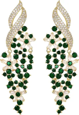 Zircon Gemstone Drop Dangle Earrings, Rhinestone Cluster Earrings Luxury Bridal Flower Fashion Jewelry, 18K Gold Plated 925 Sterling Silver Posts Sparkly Evening Dressy Earrings